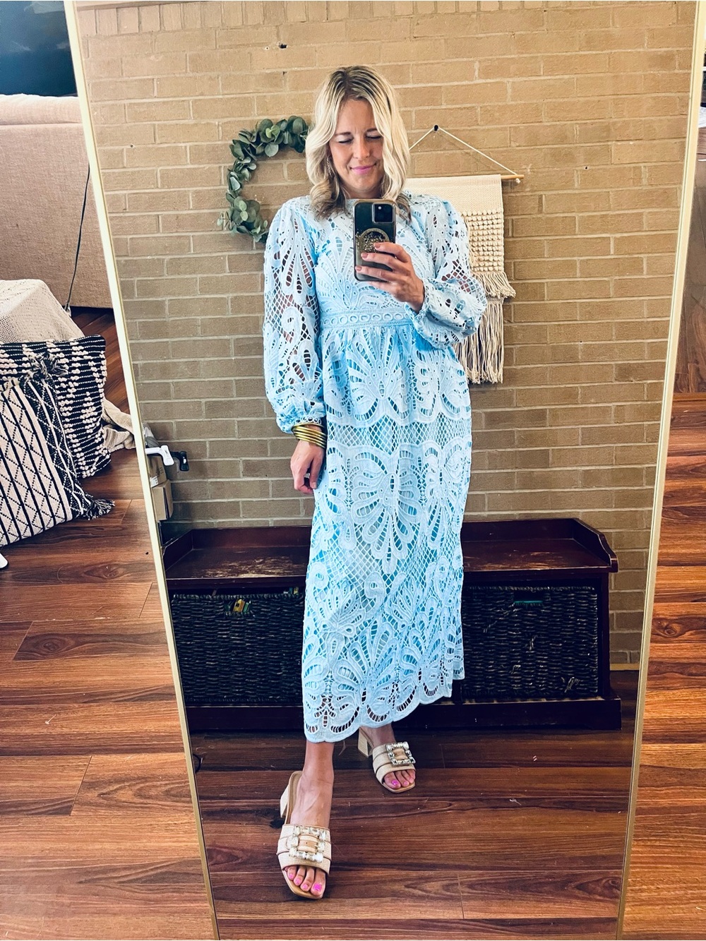 Polagram Light Blue Lace Midi Dress with Long Sleeves